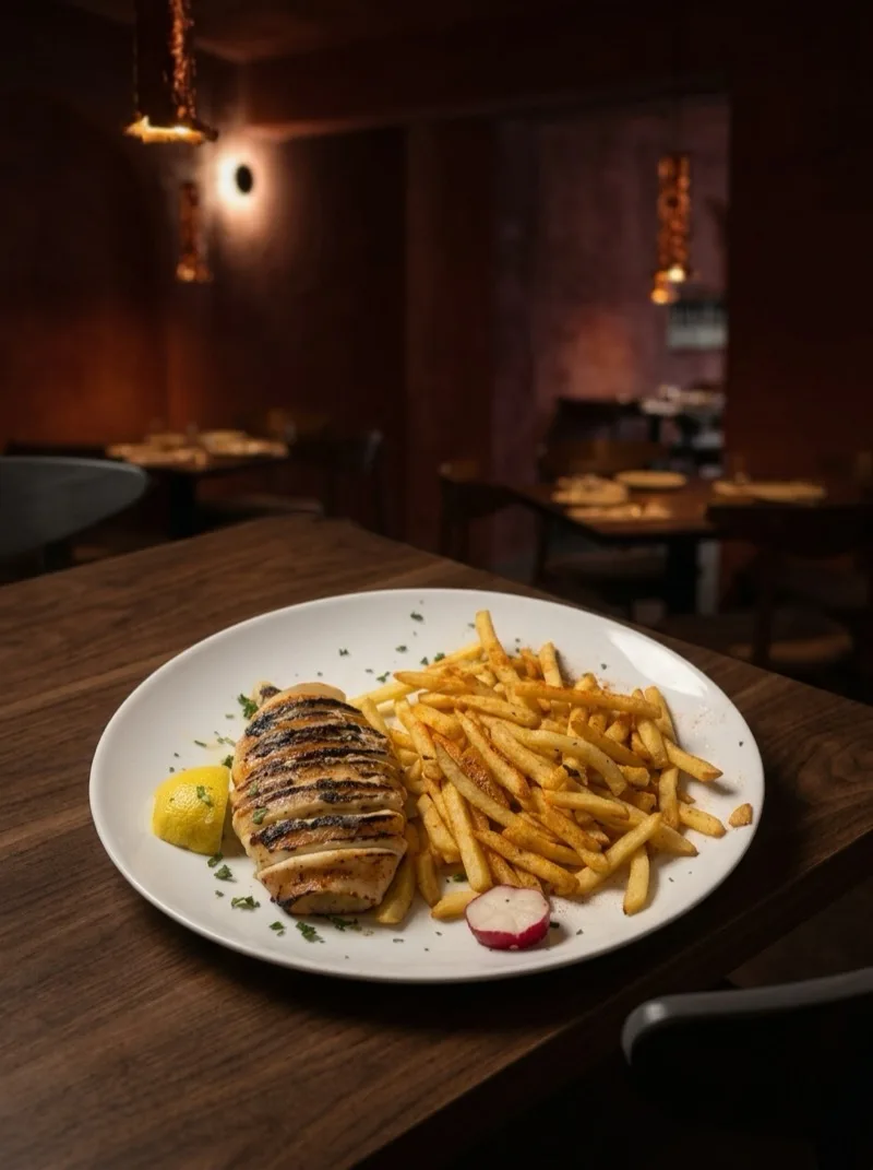 Pirouni Hamburg, gegrillter Calamari mit Pommes und Zitrone, griechische Küche