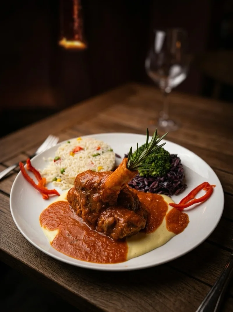 Pirouni Hamburg, geschmortes Fleisch in Tomatensauce mit Reis und Gemüse, griechische Küche