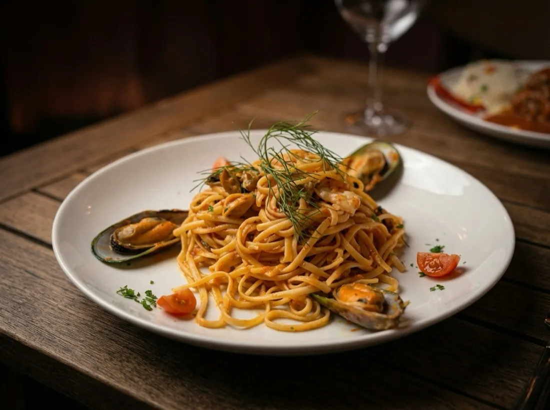 Pirouni Hamburg, Meeresfrüchte-Linguine mit Muscheln, griechische Küche
