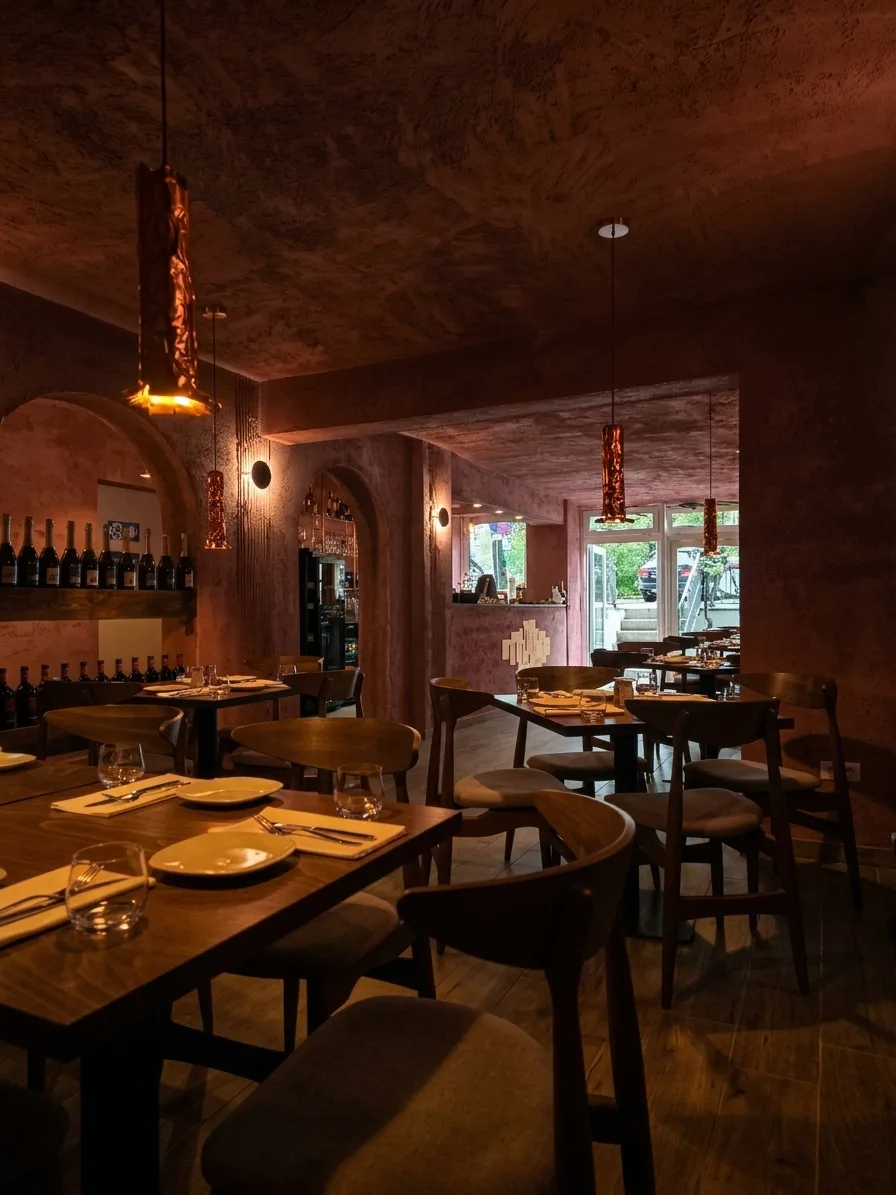 Innenraum mit warmen Terracotta-Wänden und Kerzenlicht am Abend, griechisches Restaurant Pirouni Hamburg