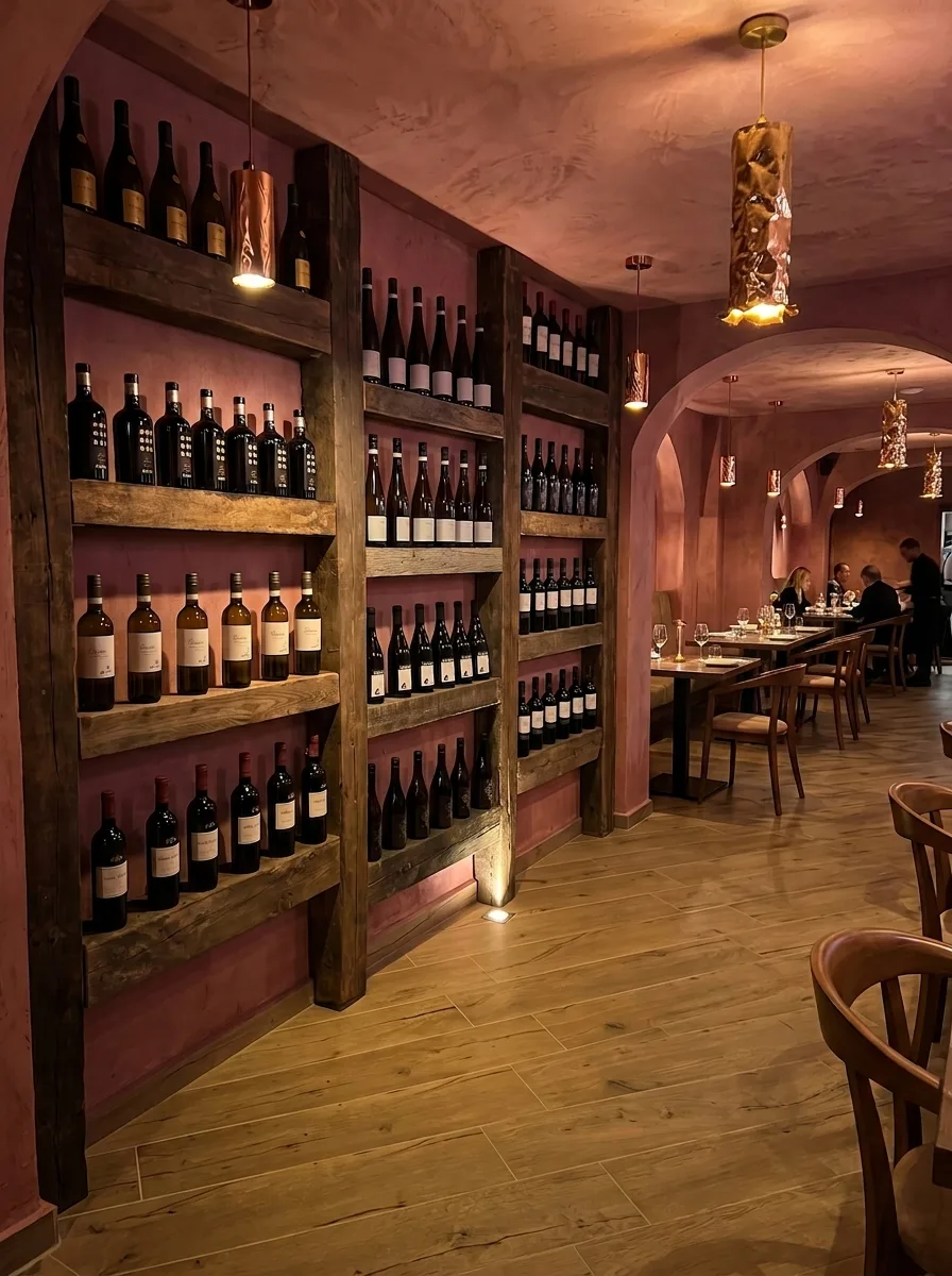 Rustikale Weinwand mit Holzbalken und griechischen Weinen, Restaurant Pirouni Hamburg St. Georg